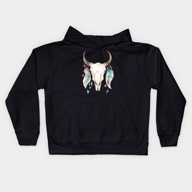 Boho Cow Skull Kids Hoodie by PixelArt